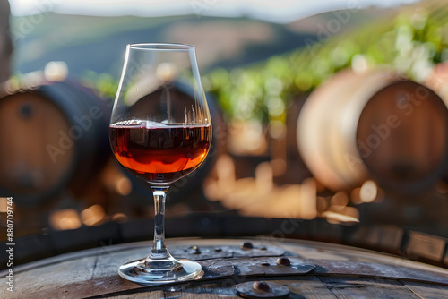 glass with portuguese 10 year old tawny porto wine standing on the barrell in the restaurant in vineyard