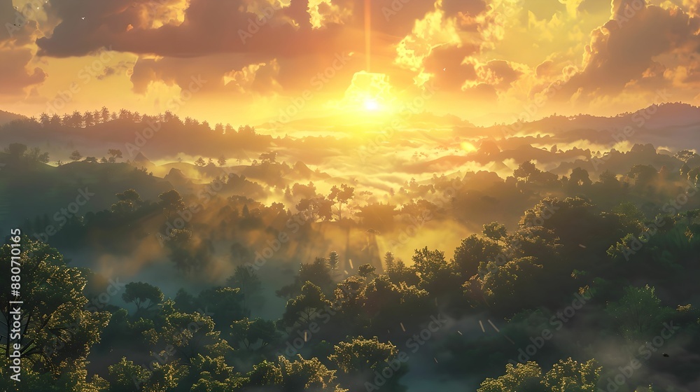 Fototapeta premium Dawn of a New Day, Sun, Sunrise, Mist, Valley