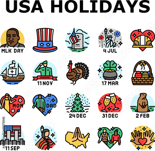 usa holiday american national day icons set vector. america happy, united, independence july, memorial, fourth, culture veteran, freedom usa holiday american national day color line illustrations