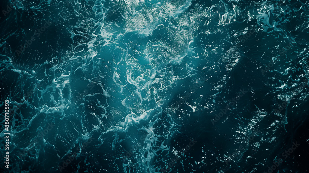 Aerial view of the dark blue ocean with textured water patterns and light reflections. 