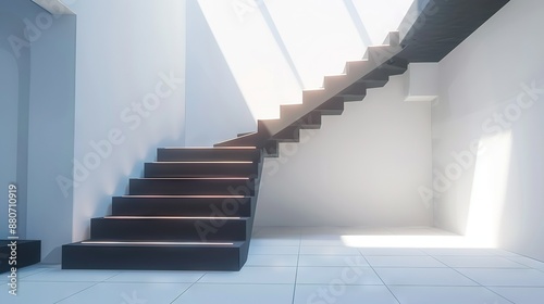   A white room features a set of stairs illuminated by a window on its side