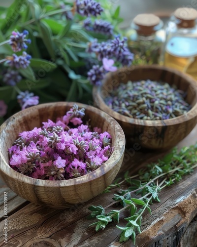 Two wooden bowls filled with purple flowers and herbs