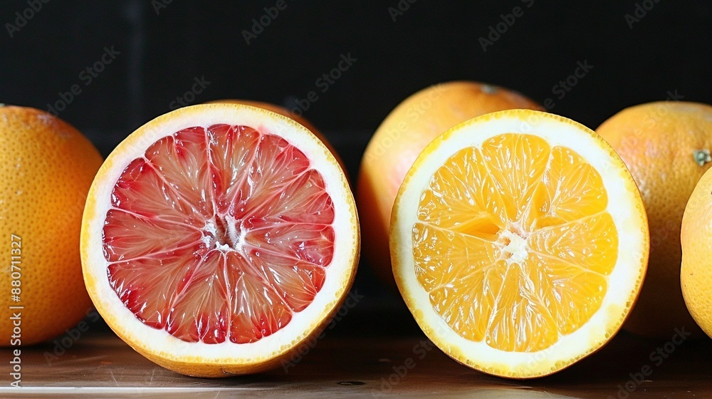 A halved grapefruit rests on a table alongside other grapefruits and a whole grapefruit A halved grapefruit rests on a table alongside other grapefruits and a whole grapefruit