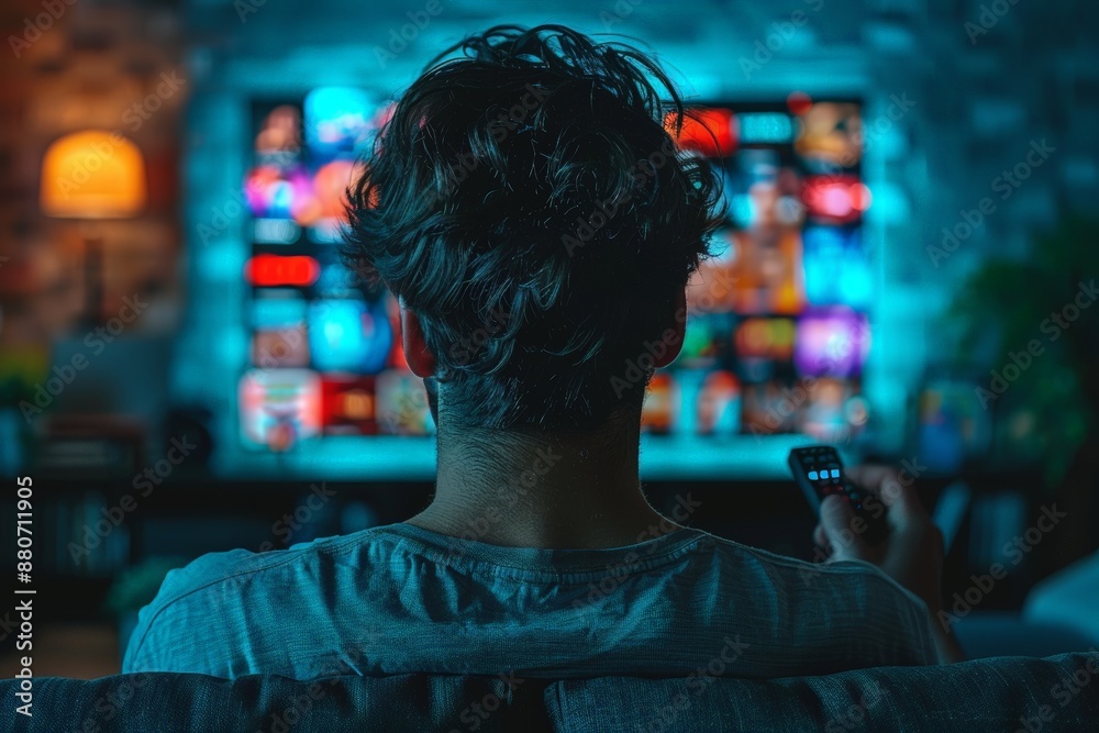 Fototapeta premium Man watching television at home at night
