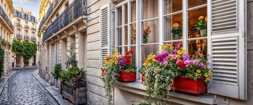 Charming Paris street with flowered window boxes and cobblestone walkway in France