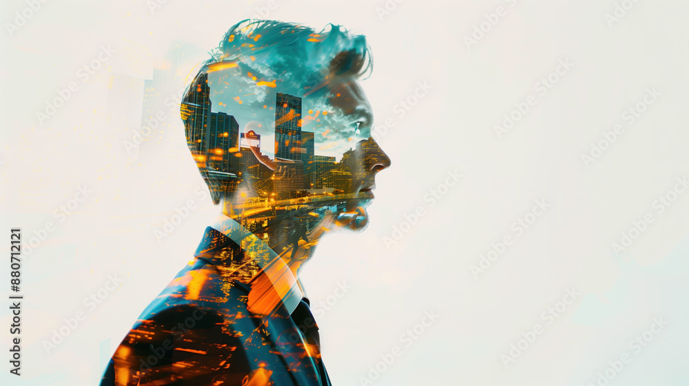 Double Exposure Photography of a Banker and Mesmerizing Bank Perspective with Vibrant Hues Against a White Backdrop Double Exposure Photography of a Banker and Mesmerizing Bank Perspective with Vibrant Hues Against a White Backdrop