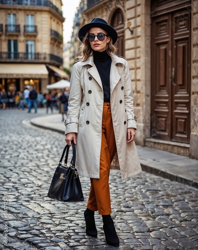 Stylish woman in Paris street wearing trench coat and hat on cobblestone pathway