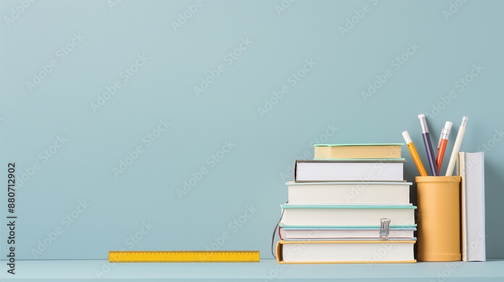 Desk with books, ruler, and stationery, flat design illustration Desk with books, ruler, and stationery, flat design illustration