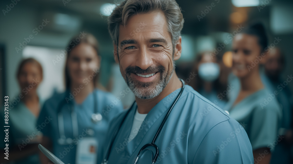 A man in a blue scrubs is smiling and holding a tablet. He is surrounded by other people in blue scrubs A man in a blue scrubs is smiling and holding a tablet. He is surrounded by other people in blue scrubs
