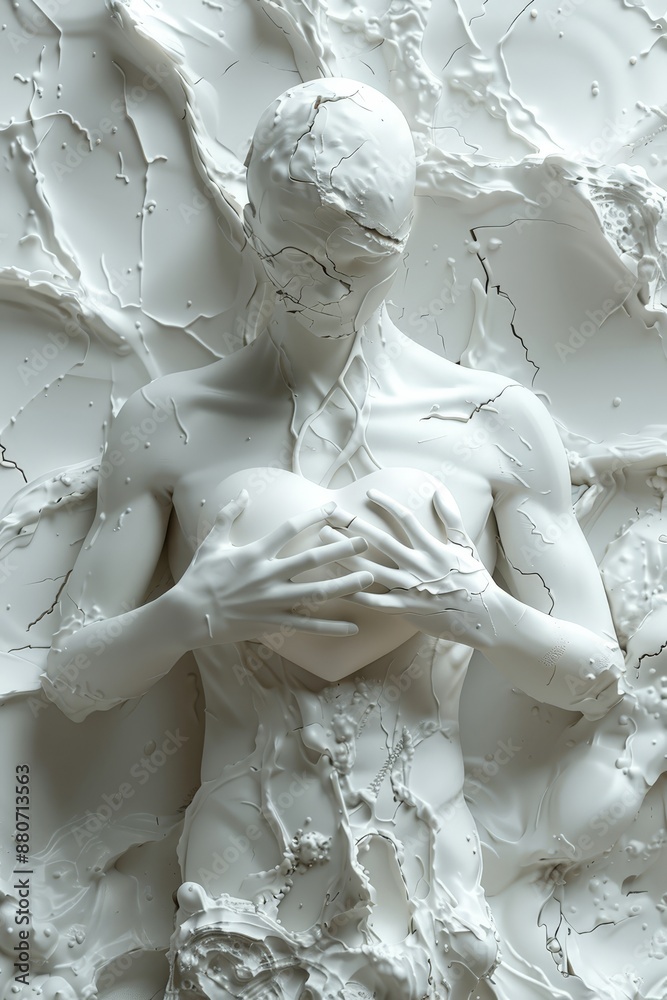 Abstract sculpture of a figure holding a heart, representing emotional vulnerability and fragility. Male vulnerability concept. Abstract sculpture of a figure holding a heart, representing emotional vulnerability and fragility. Male vulnerability concept.