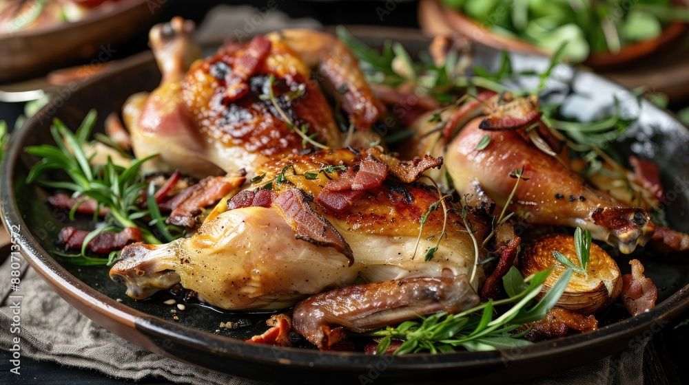 Tasty roasted quail with bacon and accompanying dish Tasty roasted quail with bacon and accompanying dish
