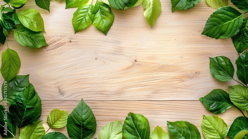 Green Leaves Frame on Wooden Background Green Leaves Frame on Wooden Background