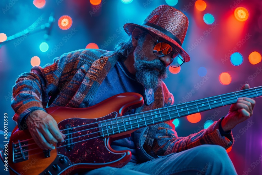 Obraz premium Rock band bassist performing on stage