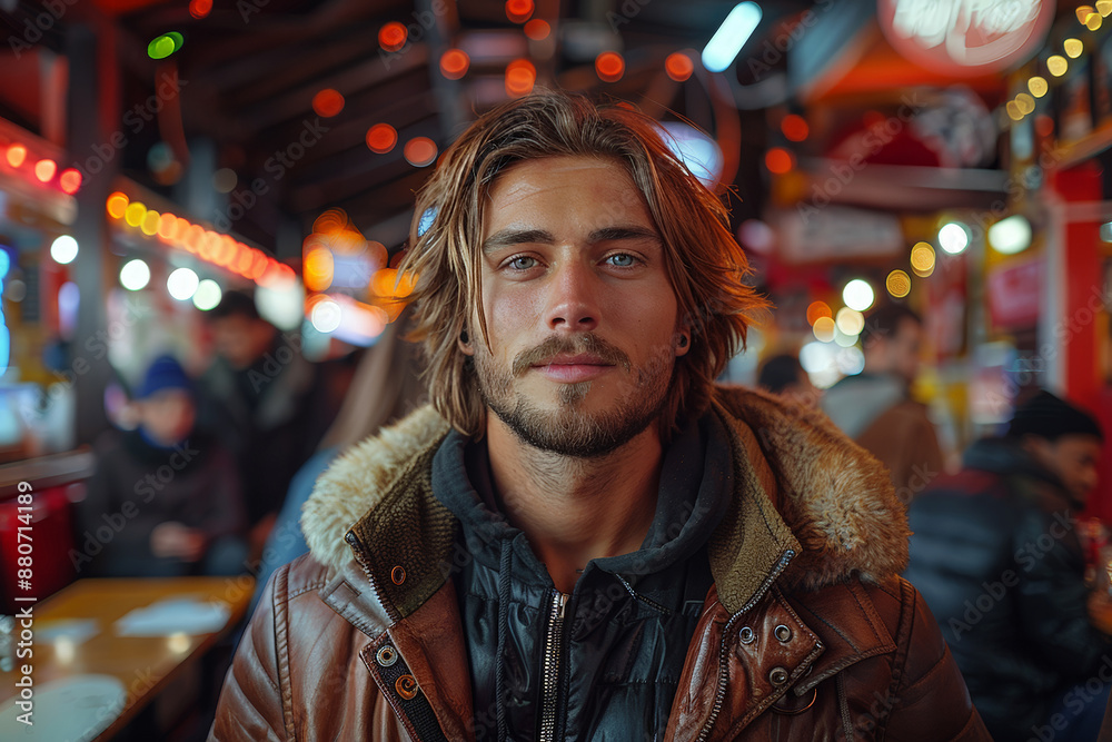 Fototapeta premium Man in leather jacket standing in busy night market