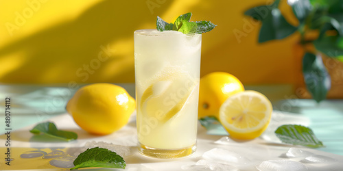 Um copo refrescante de limonada com folhas de hortelã. photo