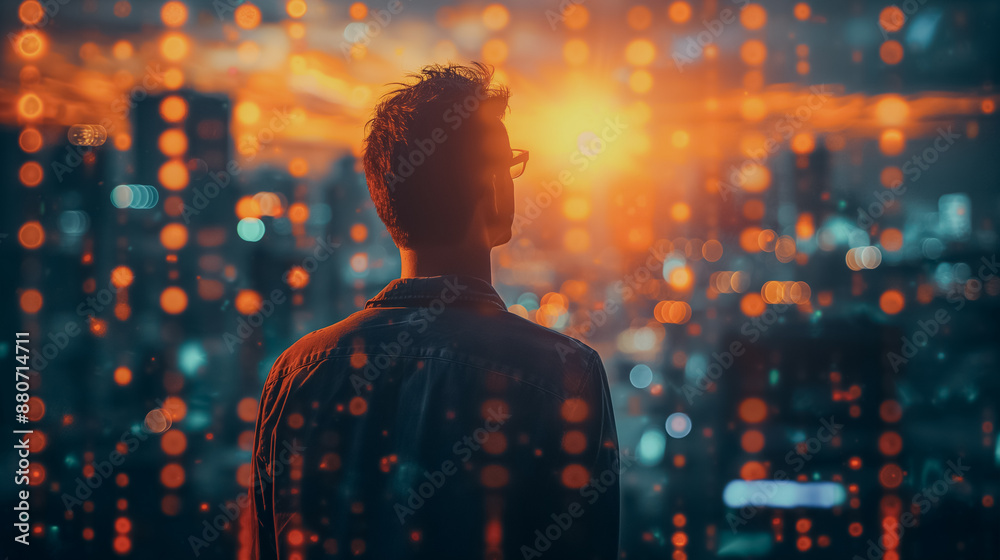 Man bathed in light, analyzing securities exchange data, stock market theme, professional setting, business success Man bathed in light, analyzing securities exchange data, stock market theme, professional setting, business success