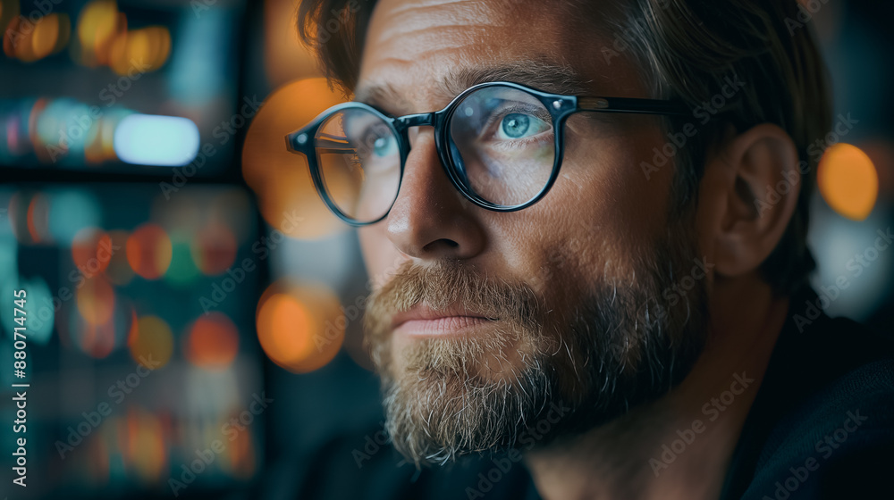 Professional man in light, studying equity market trends, financial trading, corporate office, confident demeanor Professional man in light, studying equity market trends, financial trading, corporate office, confident demeanor