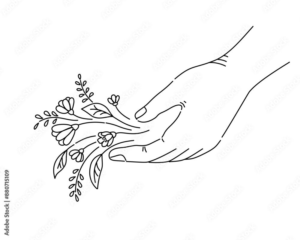 Hand holding flowers gesturing in outline drawing. Hand holding flowers gesturing in outline drawing.