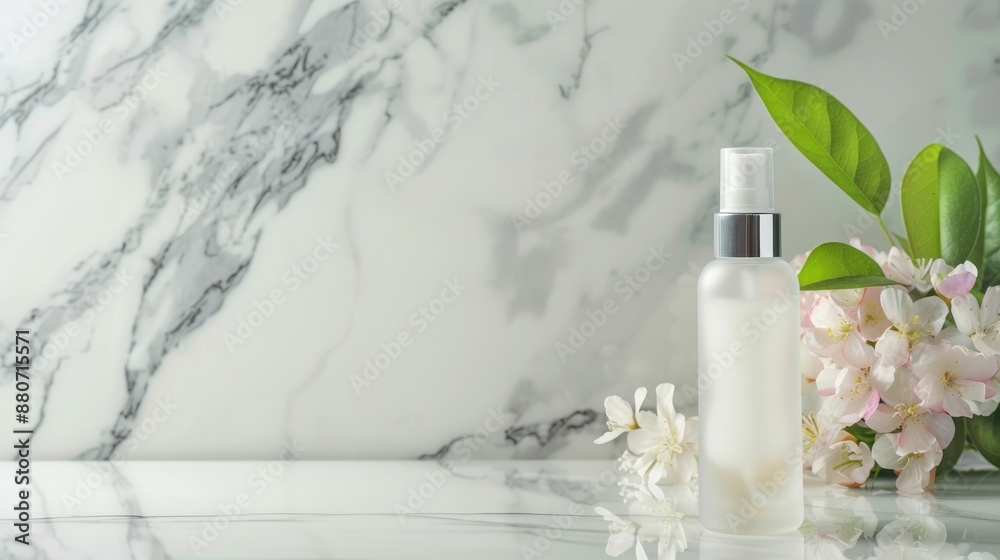 Natural cosmetic concept with serum containing vitamin E and collagen in frosted glass bottle on marble backdrop with empty space to the left Natural cosmetic concept with serum containing vitamin E and collagen in frosted glass bottle on marble backdrop with empty space to the left