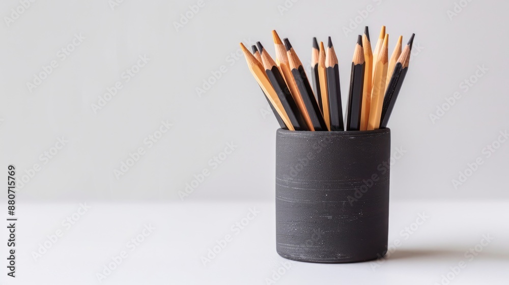 Pencils arranged in container against white backdrop Pencils arranged in container against white backdrop