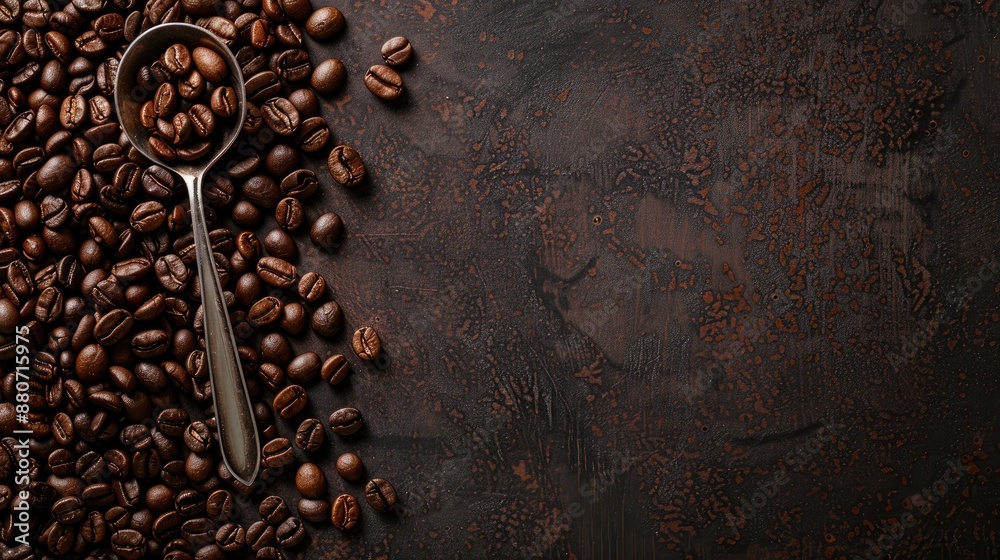 Top view of coffee beans and spoon containing coffee with space for text Top view of coffee beans and spoon containing coffee with space for text