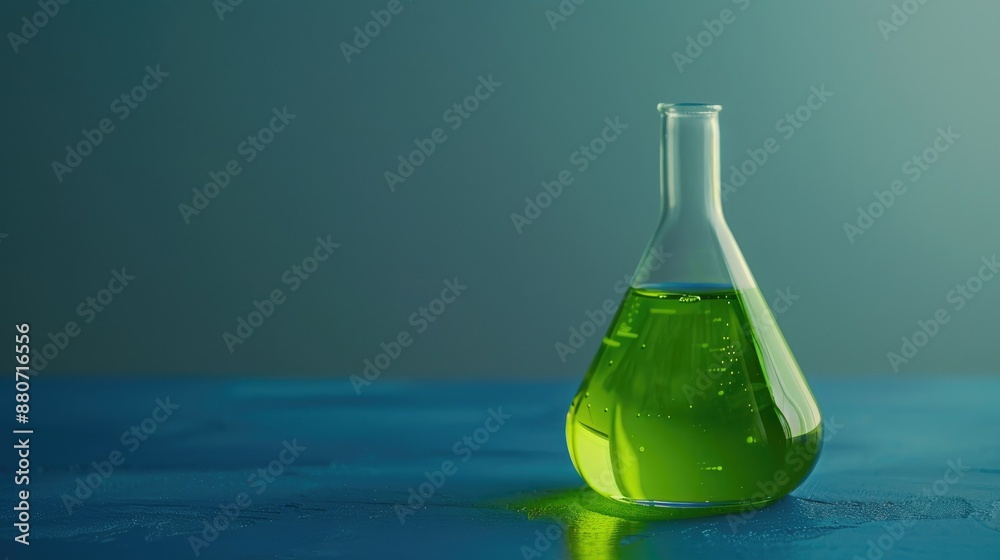 Flask containing vibrant green liquid on blue backdrop Flask containing vibrant green liquid on blue backdrop