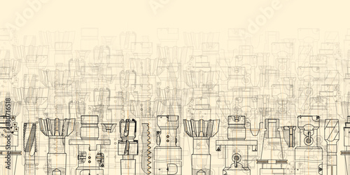 Mechanical engineering drawings on sepia background. Tap tools, borer. Technical Design. Cover. Blueprint. Seamless pattern. Vector illustration.