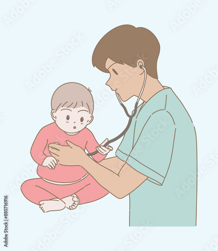 Pediatrician examining child by  stethoscope, listening heartbeat. Doctor checking up young toddler. Kid playing phonendoscope. Hand drawn flat cartoon character vector illustration.