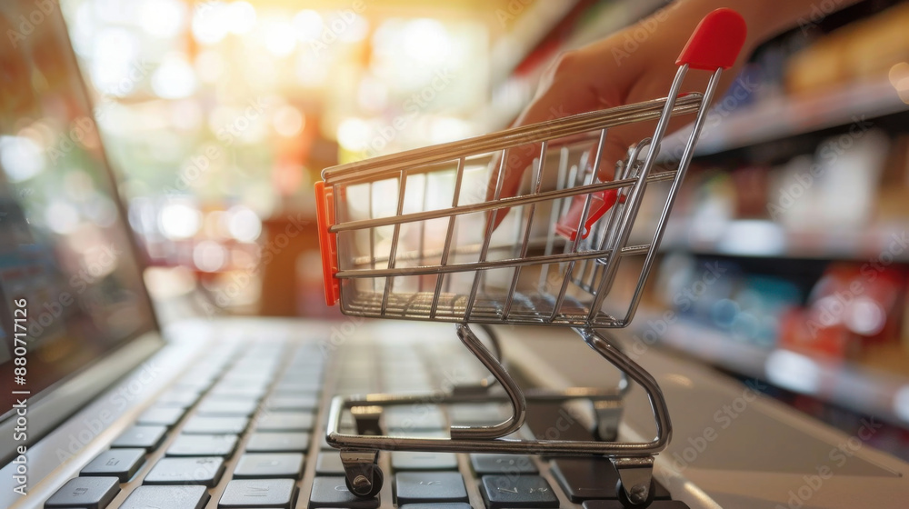 Small shopping cart placed on a laptop keyboard, symbolizing online shopping and e-commerce in a retail environment. Small shopping cart placed on a laptop keyboard, symbolizing online shopping and e-commerce in a retail environment.