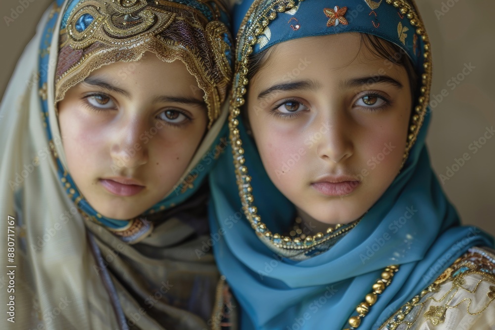 Two young girls wearing headscarves and scarves, possibly for a cultural or religious event Two young girls wearing headscarves and scarves, possibly for a cultural or religious event