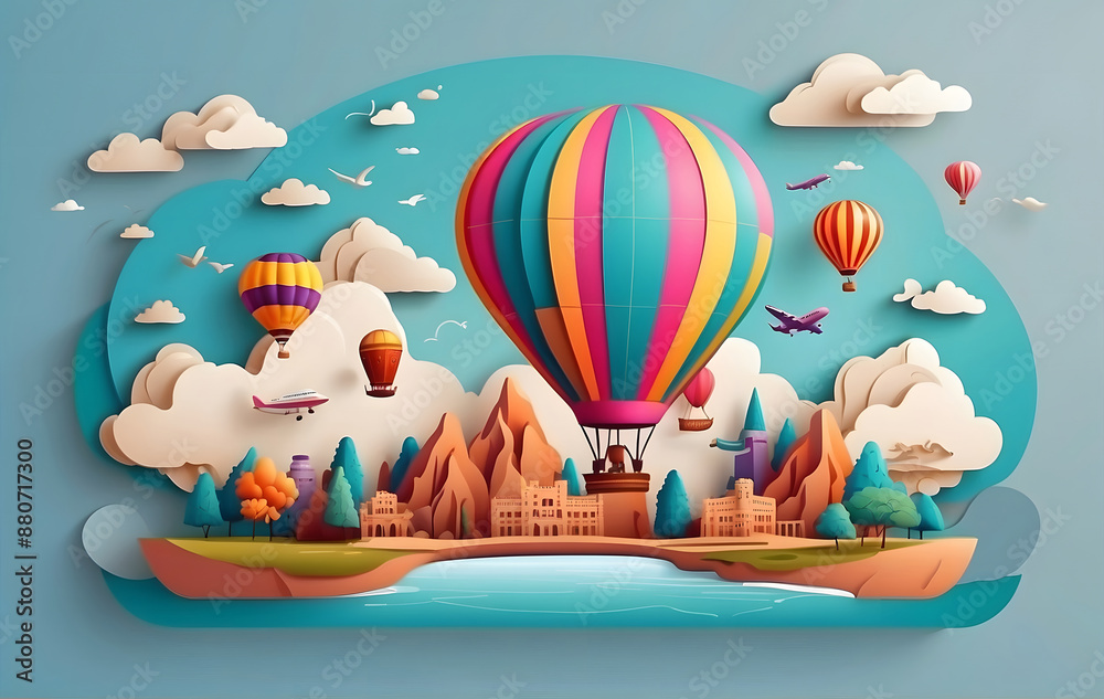 A colourful painting of hot air balloons on mountains, Fantasy world concept A colourful painting of hot air balloons on mountains, Fantasy world concept