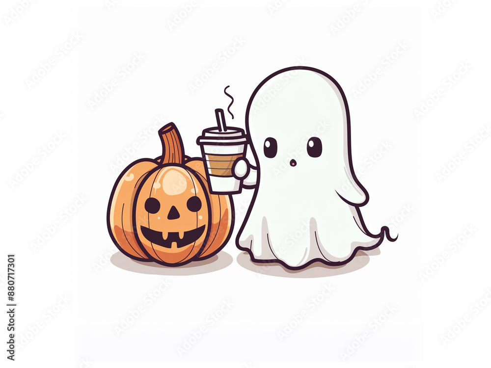 A simple cartoon drawing of a cute white ghost holding an iced coffee, with a halloween pumpkin in the background, in the clip art style on a solid white background with margins. A simple cartoon drawing of a cute white ghost holding an iced coffee, with a halloween pumpkin in the background, in the clip art style on a solid white background with margins.