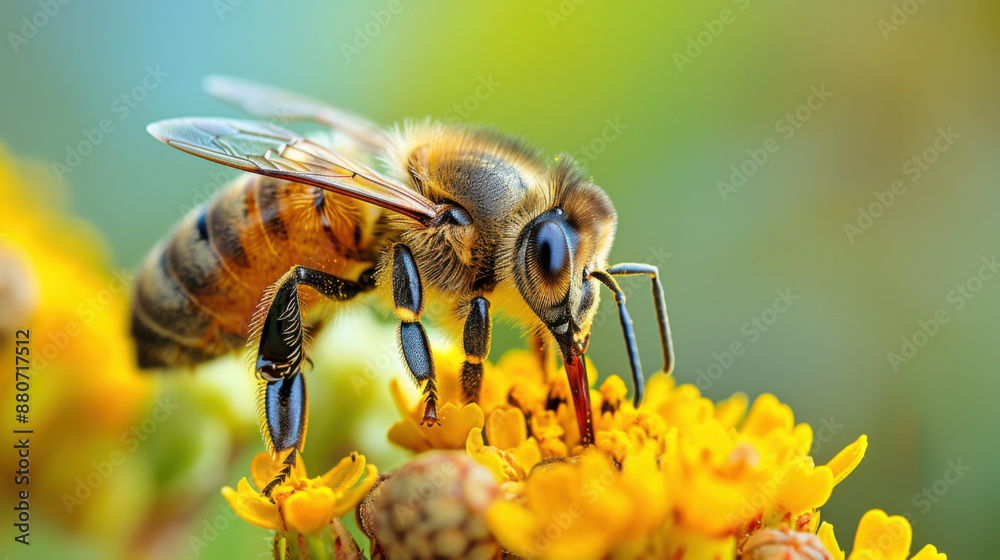 Close-up of a honeybee gathering nectar from vibrant yellow flowers, highlighting the importance of pollinators in nature. Close-up of a honeybee gathering nectar from vibrant yellow flowers, highlighting the importance of pollinators in nature.