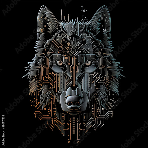 Wolf, Futuristic, metallic print for t-shirt, high-tech t-shirt print 