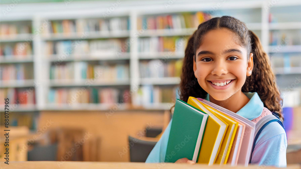 An adorable young girl with a bright smile poses in front of a colorful stack of books, capturing the cheerful spirit of going back to school An adorable young girl with a bright smile poses in front of a colorful stack of books, capturing the cheerful spirit of going back to school
