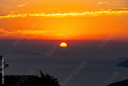 Beautiful sunrise at Geumsan Boriam and morning at Hallyeohaesang National Park.