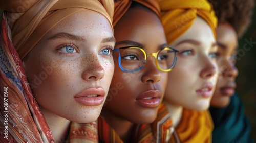 Diverse Women in Vibrant Headscarves Displaying Unity and Beauty © Anastasiia