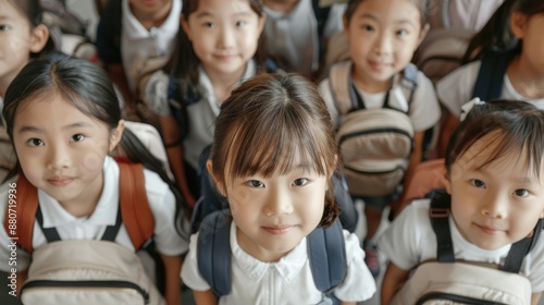 A group of young children standing in line or near each other, possibly in a classroom, park, or at an event