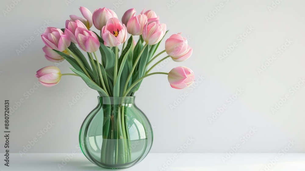 Pink tulips displayed in transparent green vase against white backdrop Pink tulips displayed in transparent green vase against white backdrop