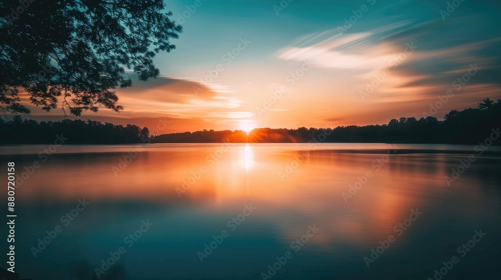 Obraz premium Stunning sunset over a lake with a silhouette foreground soft focus from a long exposure shot Perfect nature background