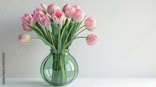 Pink tulips displayed in transparent green vase against white backdrop