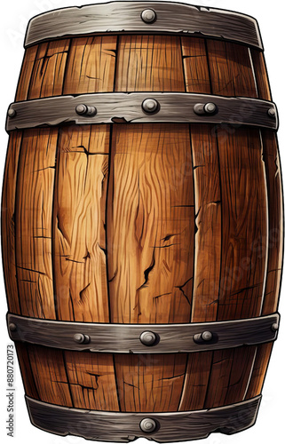 A weathered wooden barrel with metal hoops.