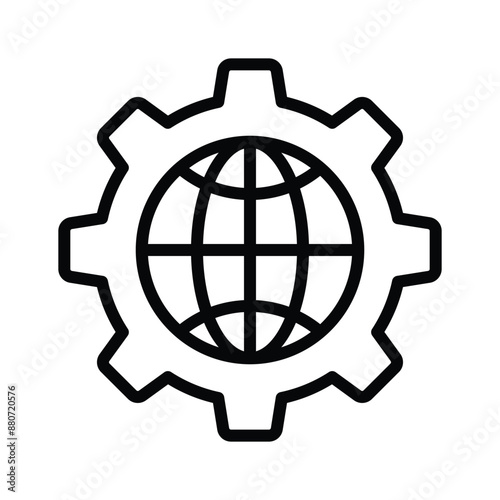 World globe inside cogwheel denoting concept icon of global setting