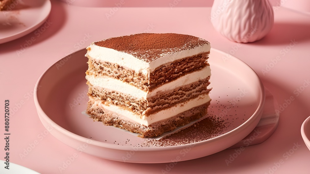 Delicious Tiramisu on a Pink Plate. Delicious Tiramisu on a Pink Plate.