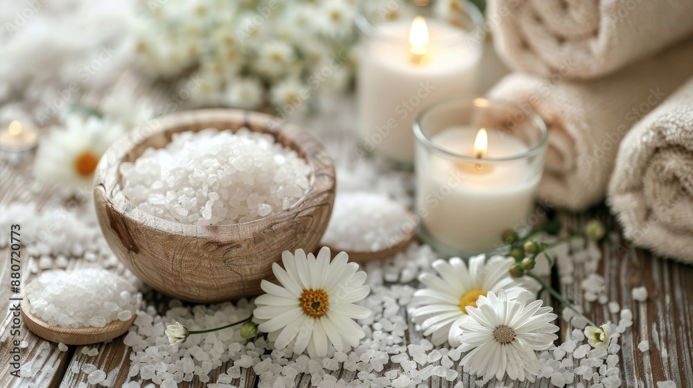 Spa setup with candles sea salt and flowers on wooden surface Spa setup with candles sea salt and flowers on wooden surface