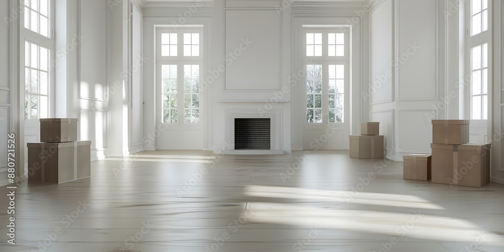 Highresolution stock image of modern living room with moving boxes and fireplace. Concept I can generate a detailed description of a high-resolution stock image of a modern living room with moving bo Highresolution stock image of modern living room with moving boxes and fireplace. Concept I can generate a detailed description of a high-resolution stock image of a modern living room with moving bo