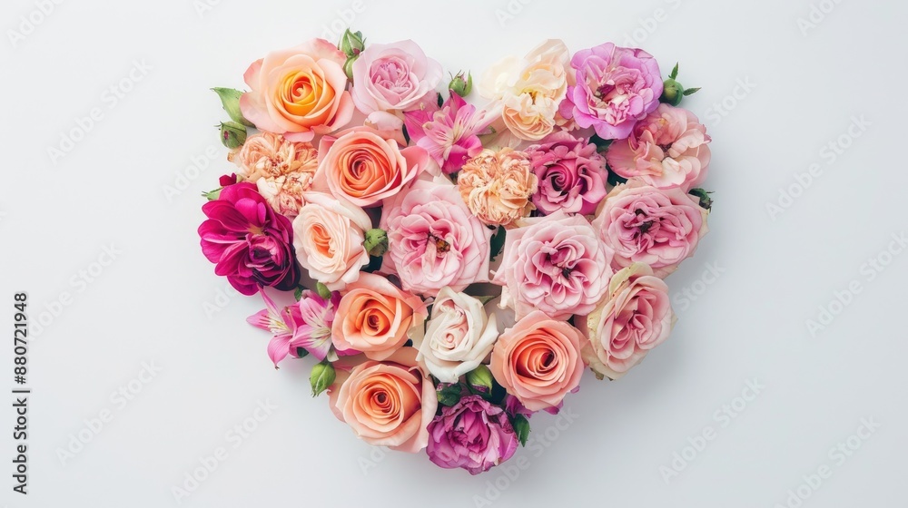 Pink rose heart shaped floral arrangement on white backdrop Flatlay with empty space above Pink rose heart shaped floral arrangement on white backdrop Flatlay with empty space above