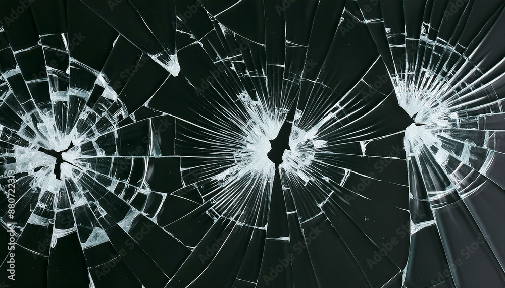 Fototapeta premium Three different smashed glass panels isolated on black background