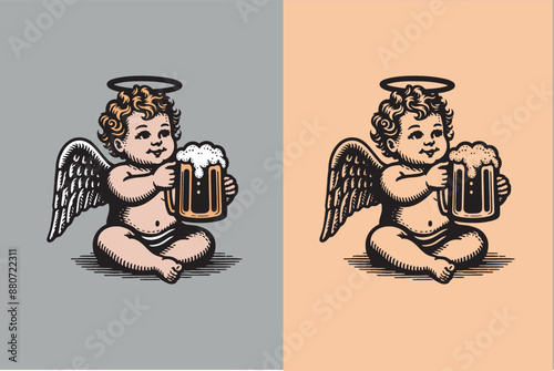 Cute Cupid with a mug of beer.  Vintage black engraving illustration. Icon, logo, emblem. Isolated object