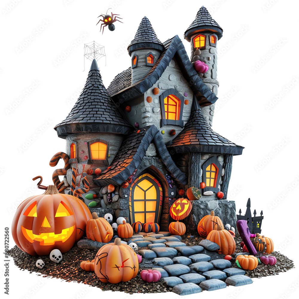 Spooky Halloween haunted house with pumpkins, jack-o'-lanterns, and decorations. Perfect for festive seasonal themes and holiday designs. Spooky Halloween haunted house with pumpkins, jack-o'-lanterns, and decorations. Perfect for festive seasonal themes and holiday designs.